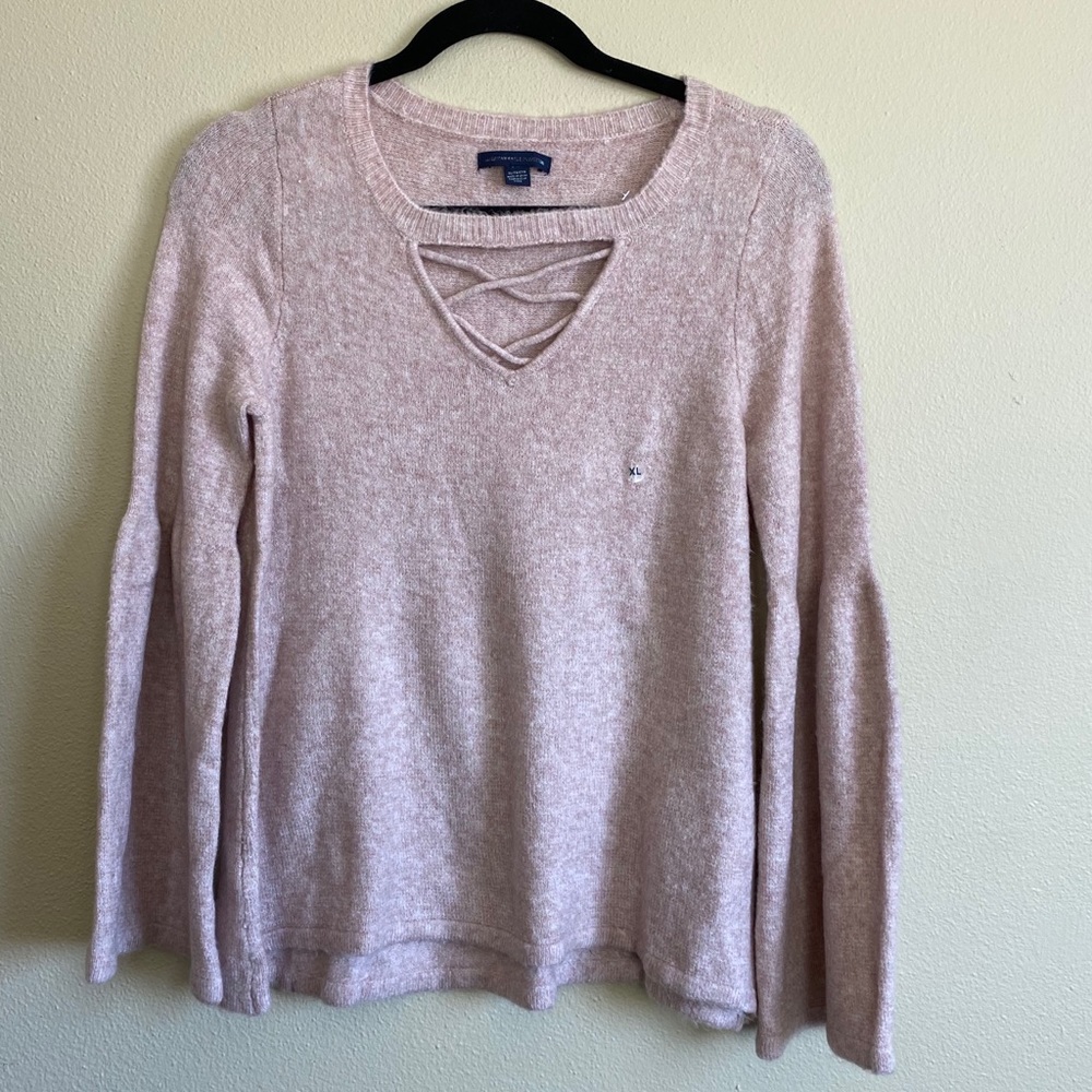 American Eagle Pink Bell Sleeve Lace Up Sweater XL NWOT